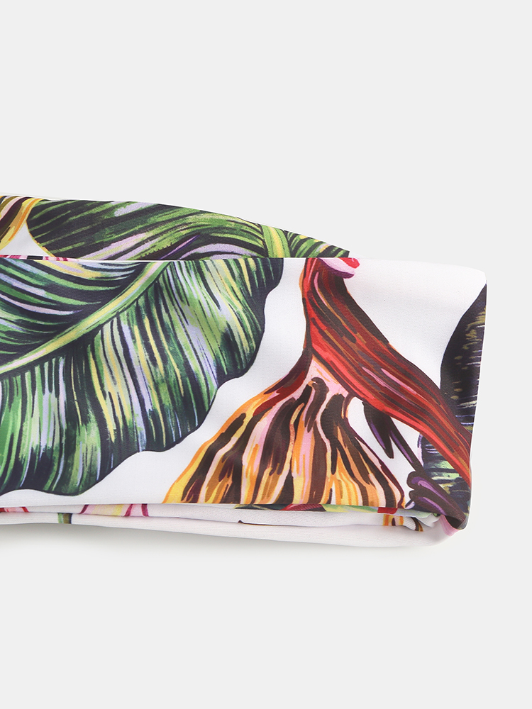 Women Tropical Print Bandeau Bikini Thong Backless Swimsuit