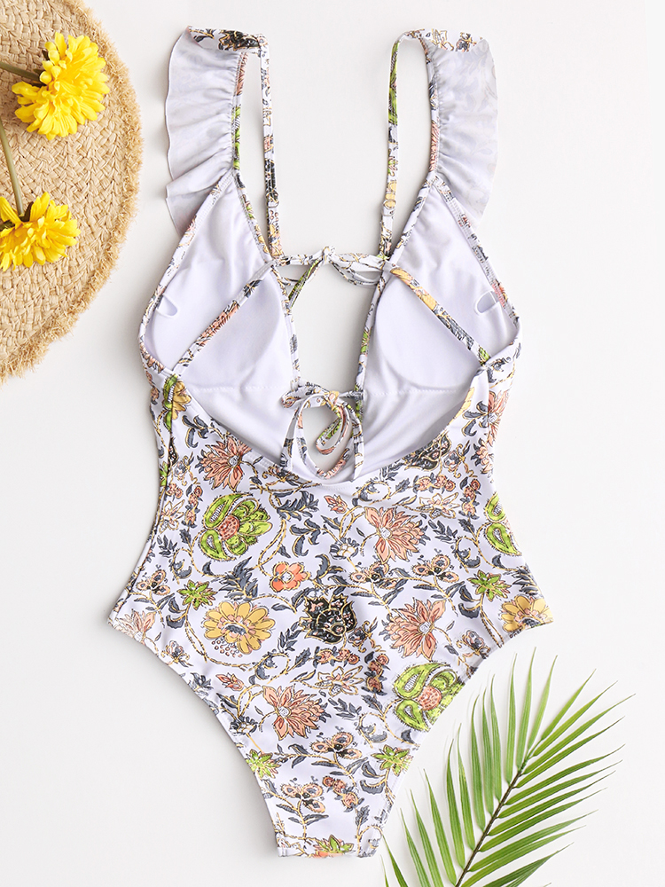 Women Design Floral Print String Ruffles Straps One Piece Backless Swimwear