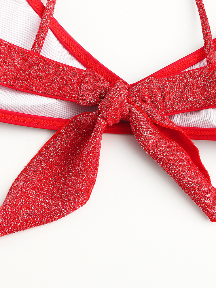 Women Solid Color Back Tie Spaghetti Straps Backless Swimwear Thong Bikini