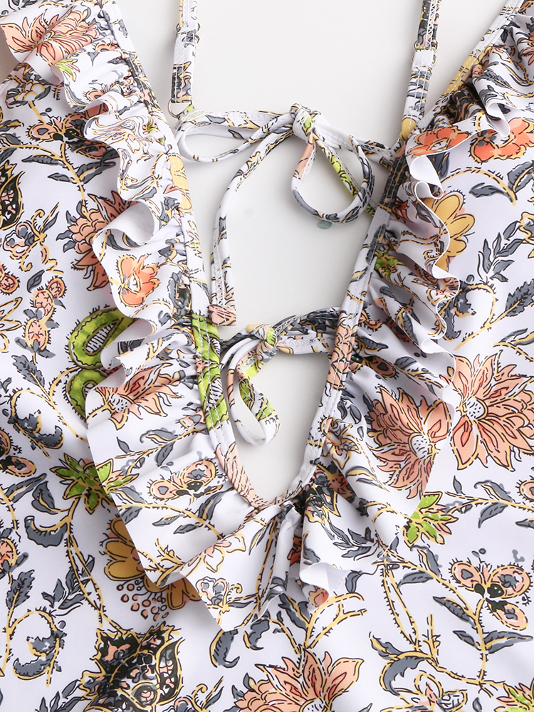 Women Design Floral Print String Ruffles Straps One Piece Backless Swimwear