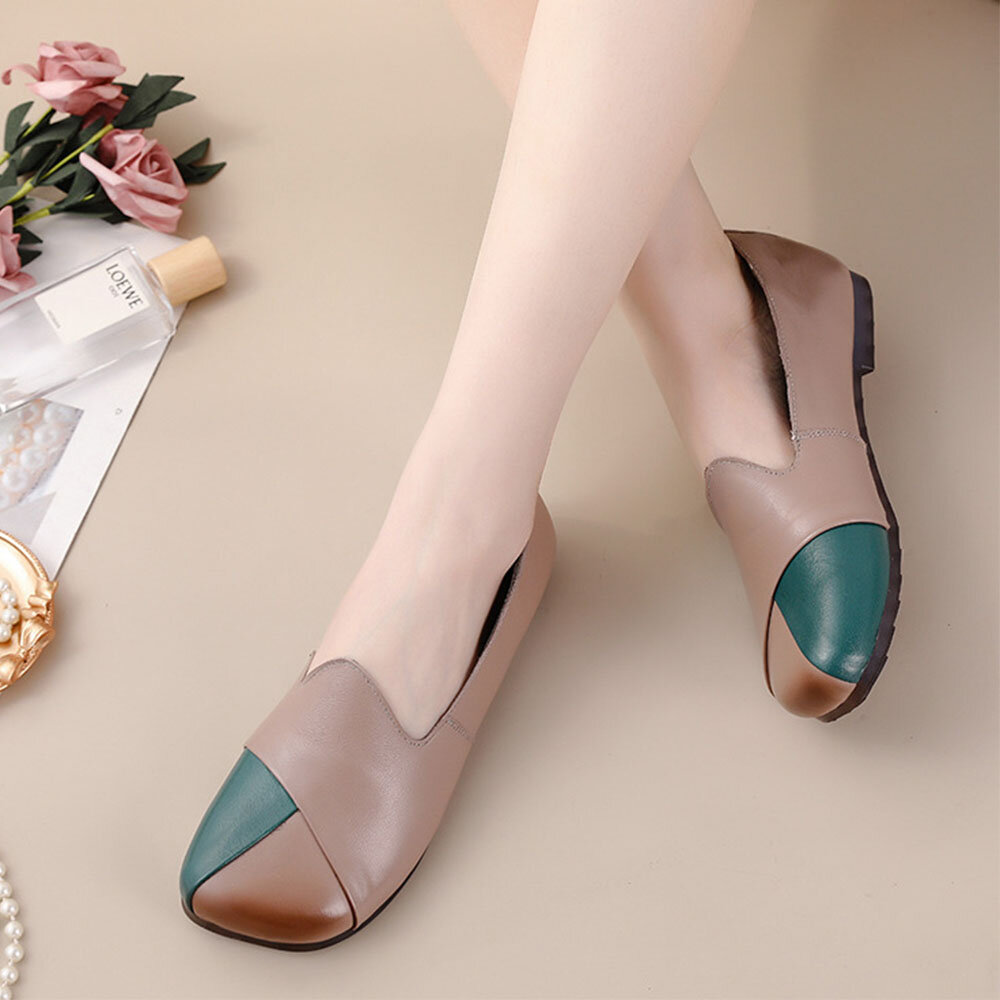 Women Casual Retro Colorblock Genuine Leather Soft Comfortable Lazy Flat Shoes