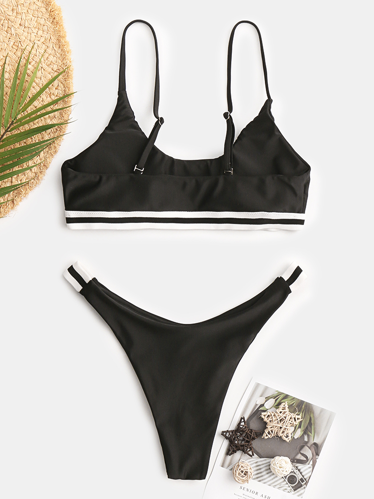 Women Striped Trim Swimwear Thong Bikinis