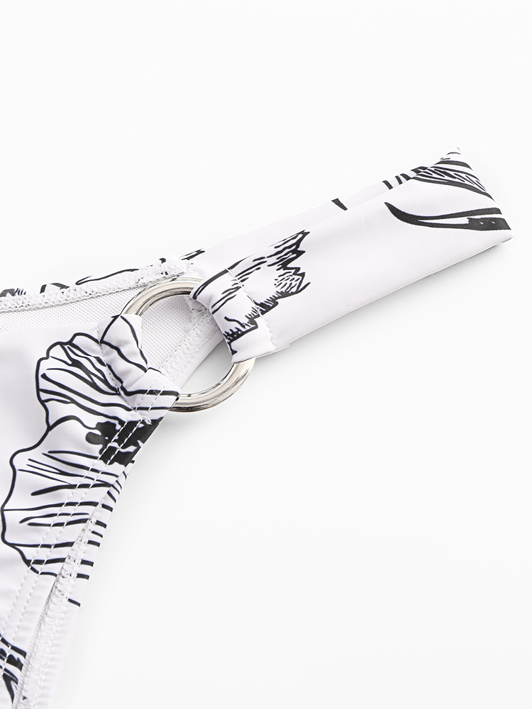 Women Simple Plant Print Hollow Ring Backless Swimsuit Thong Bikini For Swimming