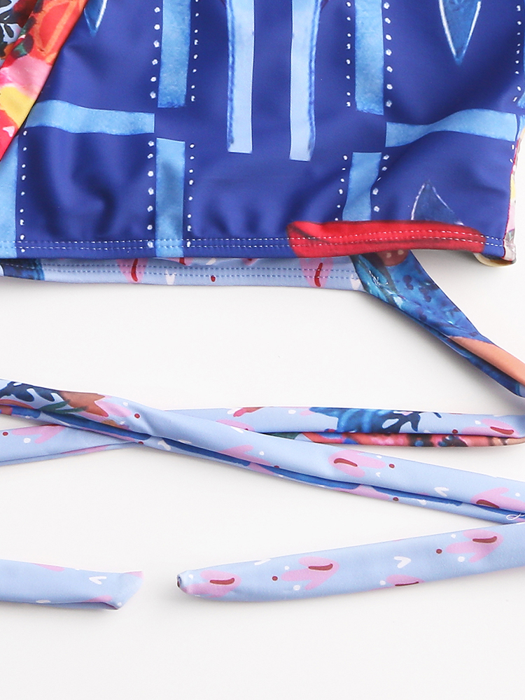 Women Tropical Leaves Print Swimsuit String Short Sleeve High Waist Bikini