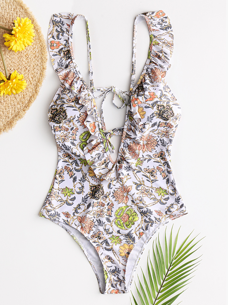Women Design Floral Print String Ruffles Straps One Piece Backless Swimwear