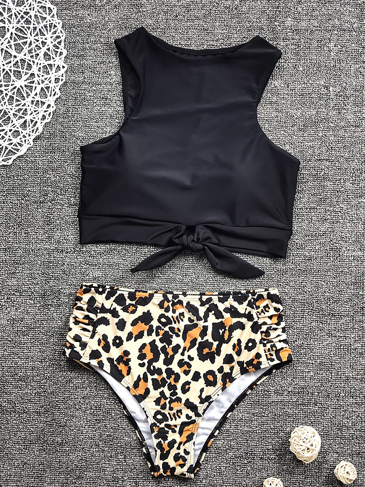 Women Leopard Print Tie Front High Neck Hot High Waist Bikini