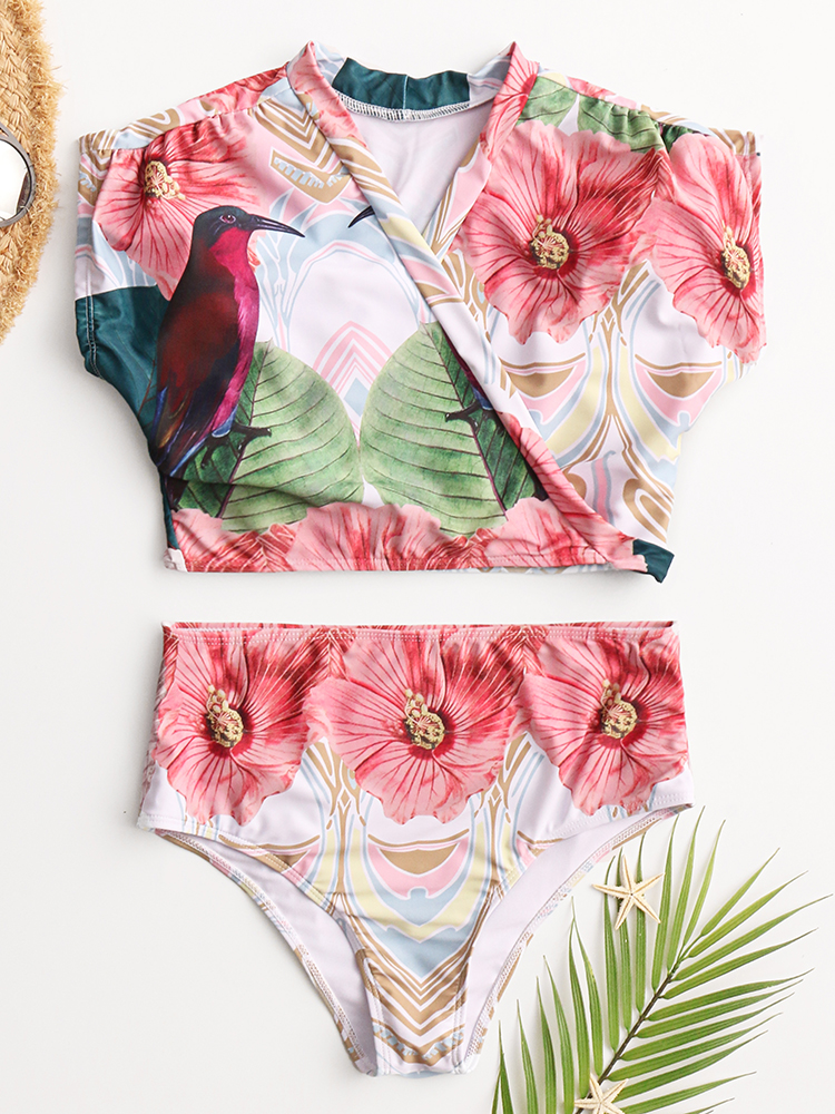 Women Tropical Leaves Print Swimsuit String Short Sleeve High Waist Bikini