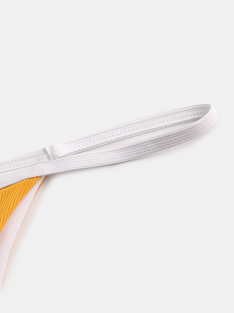 Women Triangle Rib Solid Color Thong Bikini Backless Swimwear